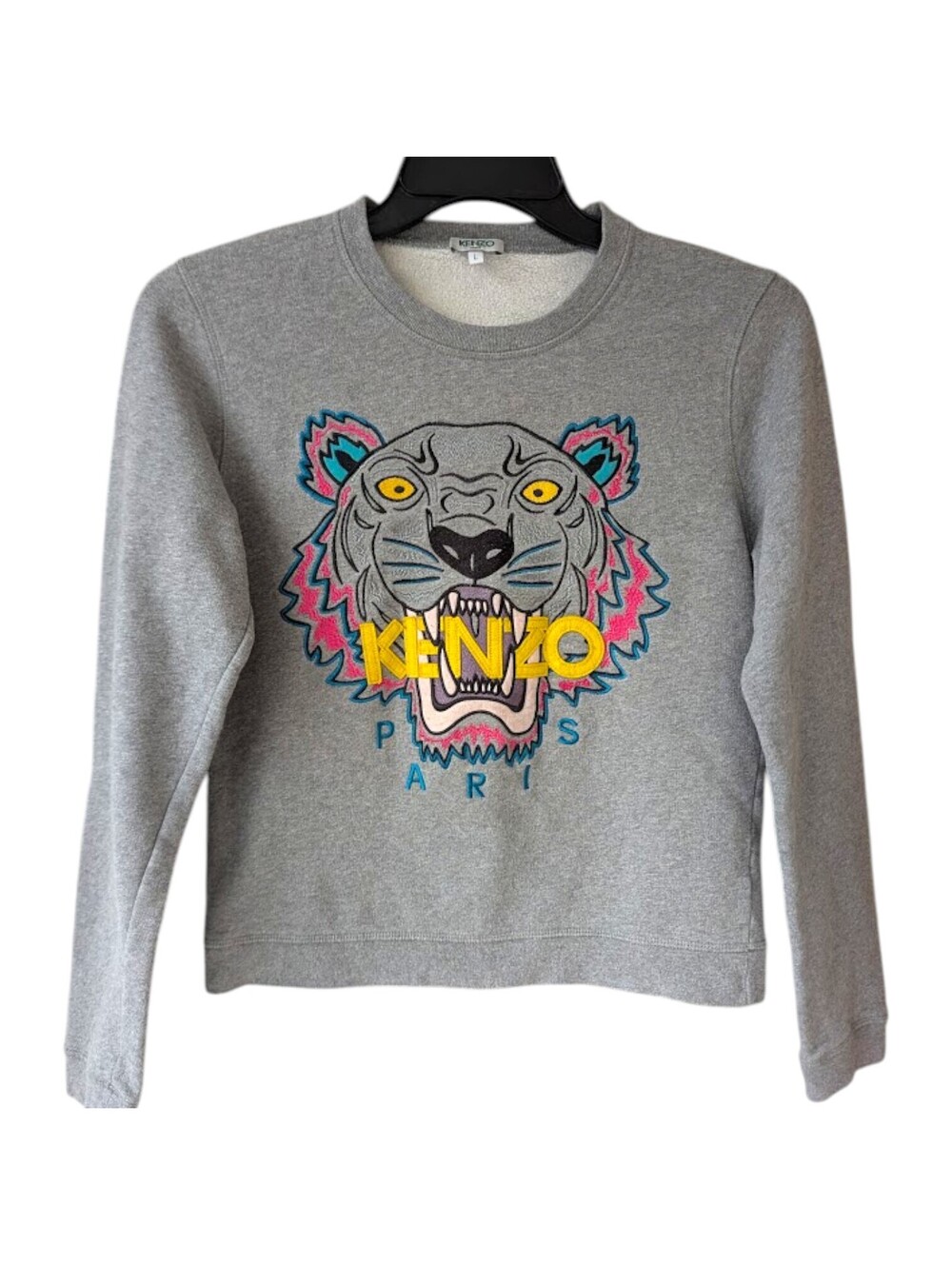 Kenzo Paris Youth L Grey Cotton Tiger Embroidered Crewneck Sweatshirt 19x22 Neon